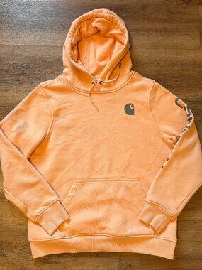 Carhartt Hoodie Sweatshirt Mens Large Orange Peach Distressed Long Sleeve